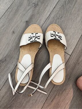 Tory Burch White Leather Jute Espadrille Sandals with Logo